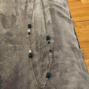 Layered Silver Necklace with Teal and Clear Beads